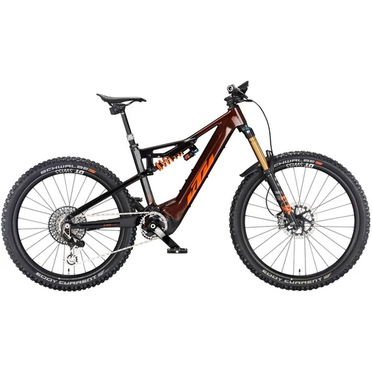 KTM MACINA PROWLER EXONIC TRANSPARENT ORANGE (ORANGE+BLACK+GOLD) 2023 FÉRFI ELEKTROMOS ÖSSZTELESZKÓPOS MTB KERÉKPÁR