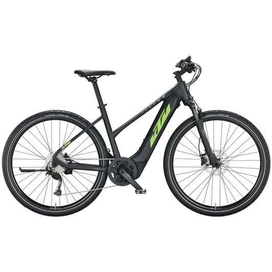 KTM MACINA CROSS 510 TRAPÉZ BLACK MATT(GREEN+GREY) NŐI ELEKTROMOS CROSS KERÉKPÁR 2022